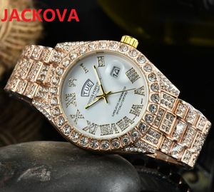 Klassieke Mens Dames Diamanten Ring Horloge 43mm Sapphire Spiegel Volledige Rhinestone Staal Strap Center Clock Quartz Geschenken Koppels Dagdatum Romeinse horloges Relogio Masculino