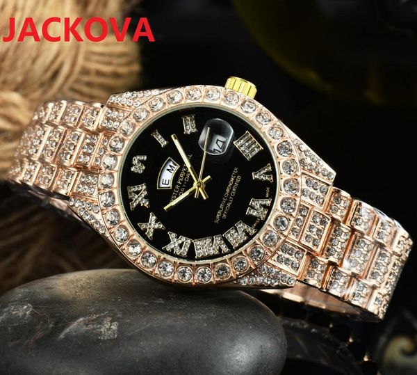 Classique Hommes Femmes Diamants Bague Montre 43mm Saphir Miroir Complet Strass Bracelet En Acier Centre Horloge Homme Japon Quartz Top qualité beau modèle jour date montres romaines