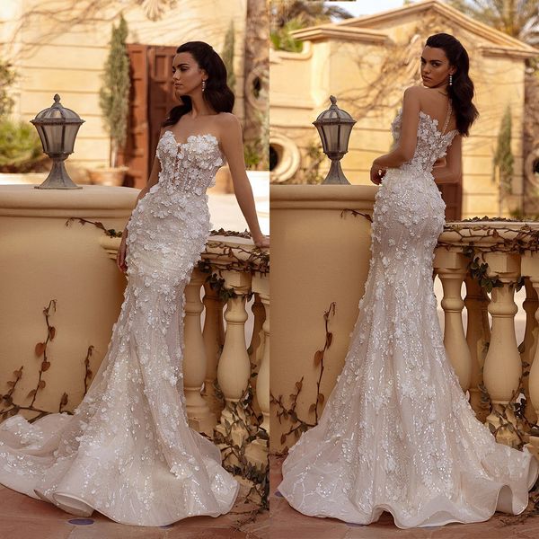 Robe de mariée de sirène classique couche à manches longues en manches longues en manches longues 3D Appliques de balayage robes de train sur mesure Vestidos de Novia