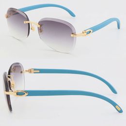 Klassieke metalen randloze zonnebril blauwe houten bril buitenshuis Rijden zonnebril Diamant Cut Lens Mens vrouwen 18K goud grote ronde frames maat: 61-18-140 mm