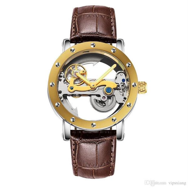 Reloj clásico militar con esfera hueca de lujo para hombres suizos Tourbillon mecánico automático Fondo transparente Buceo de acero inoxidable Brands272p