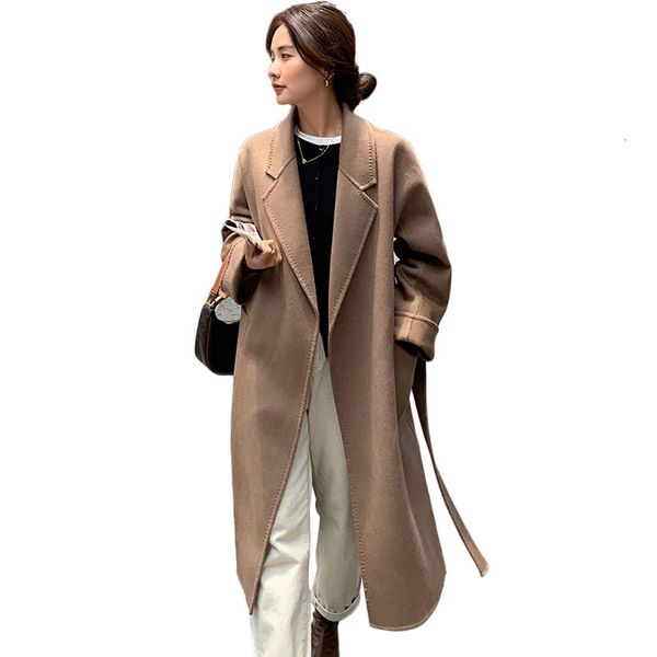 Modelo clásico 100% Real Lana Long Warp Overcoat Coloque Turn-Dense Fabric Dense Fail Notch Lapel Coat Women Fall Invierno 231221