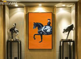 Classique moderne Orange course de chevaux toile impression peinture affiche Cool mur Art mur photos pour entrée grande taille décor à la maison LJ21358390