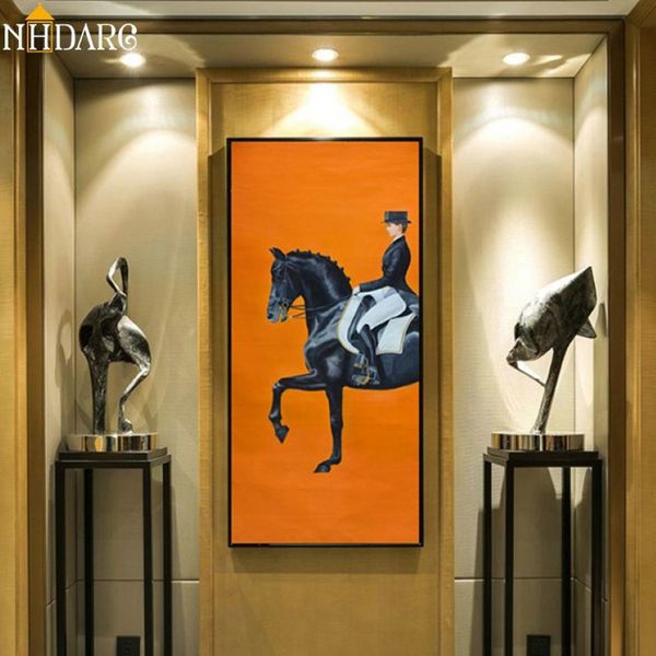 Classique moderne Orange course de chevaux toile impression peinture affiche Cool mur Art mur photos pour entrée grande taille décor à la maison LJ22874