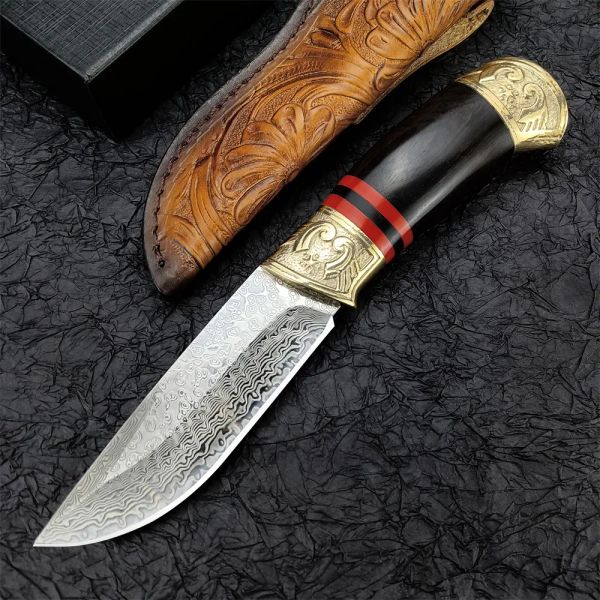 Clásico mongolo damasco acero cuchilla fija cuchillo de caza de cuchillos para campamento de pesca herramienta al aire libre con regalo de vaina de cuero tallado