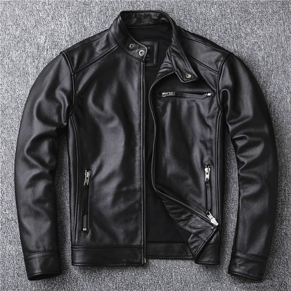 Veste en cuir véritable noir de style moteur classique pour hommes, manteau en cuir décontracté pour motard de rue, vente en gros, y231229