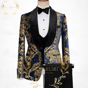 Costumes classiques bleu marine à fleurs pour hommes, 3 pièces, Tuxedos de marié, veste et pantalon, ensemble veste et pantalon pour dîner