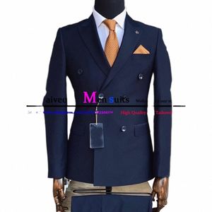 Clásico azul marino Slim Fit Traje para hombre Formal Busin Blazer Doble botonadura Banquete Esmoquin 2 piezas Chaqueta Pantalones Terno Masculino Q2Yz #