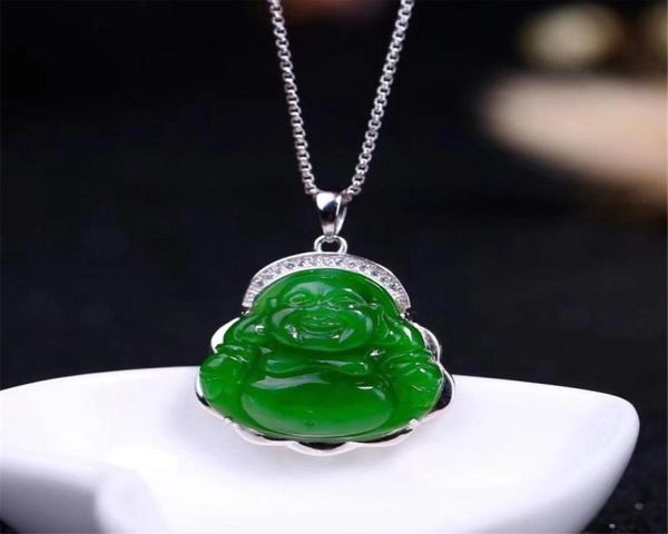 Classic New S925 avec certificat Sluffing Silver Natural Chinese Chinois Hétian Green Jade Femmes Jasper Pendant Bouddha Collier4123976