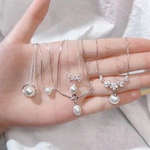 Classique nouveau simple 925 colliers en argent sterling pendentifs perle d'eau douce naturelle avec CZ Zircon pendentif collier pour femmes filles cadeaux de noël
