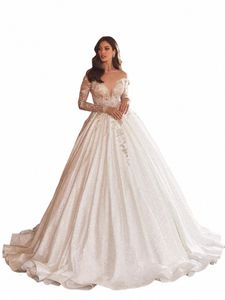 Classique O-cou Lg Manches De Mariée Dr Sparkly Paillettes Perles Robe De Mariée De Luxe Appliques Lg Robe De Mariée Robe De Novia L3kX #