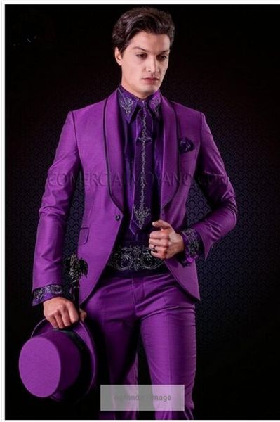 Classique un bouton violet garçons d'honneur châle revers marié Tuxedos 2 pièces hommes costumes mariage/bal meilleur homme Blazer (veste + pantalon + cravate)