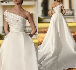 Klassieke One Shoulder Pleats a line trouwjurken ivoor Simple Satin Long Court Train Bridal Troogs Boho Minimalistische plus size zwangerschapsfeestreceptie Receptie CL2247