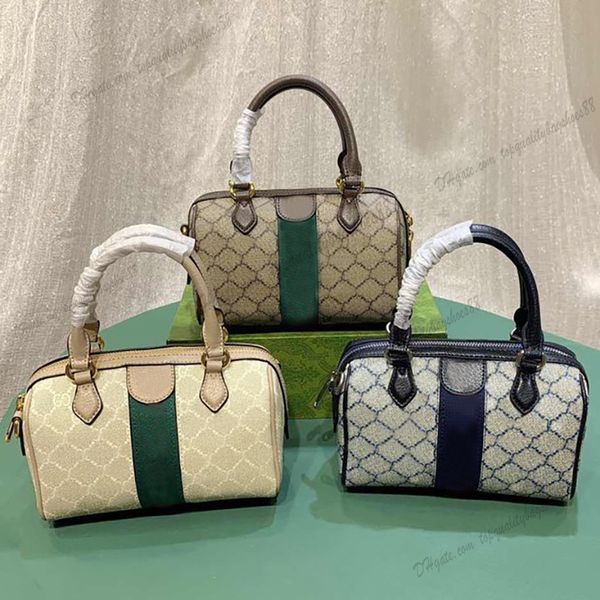 Mini bolso clásico Ophidia con asa superior Lona Adorno de cuero marrón Bolso Boston Bolsos bandolera con cierre de cremallera Correa para el hombro desmontable