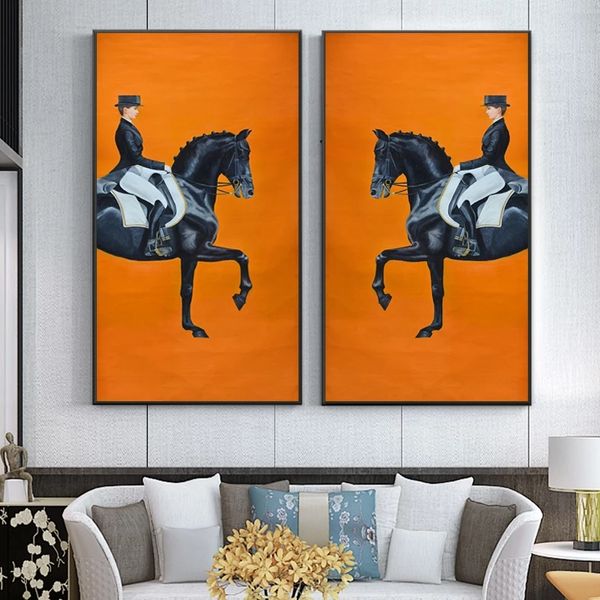 Toile de peinture de course de chevaux Orange classique, affiche et imprimés, images d'art murales modernes pour salon, allée, décoration de maison, Cuadros