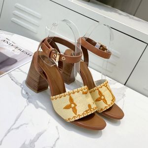 Klassieke Originele Luxe Designer Merk Sandalen Damesmode Sexy Hoge Blokhak Lederen Enkelbandje Zomer Pp Stro Sandaal Weddin