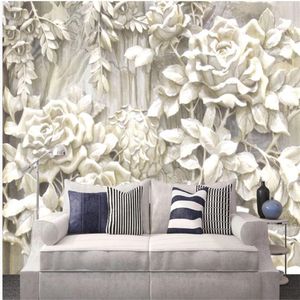 Klassiek schilderij behang beige 3D driedimensionale roos bloem wallpapers reliëf eenvoudig tv achtergrondmuur