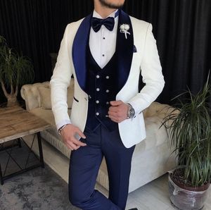 Klassieke Paisley Men Suits Navy Wedding Bruidy Tuxedos White en Navy Formal Evening Party Shawl Lapel Slim Fit 3 stuks Bruidegom jas Pant Vest