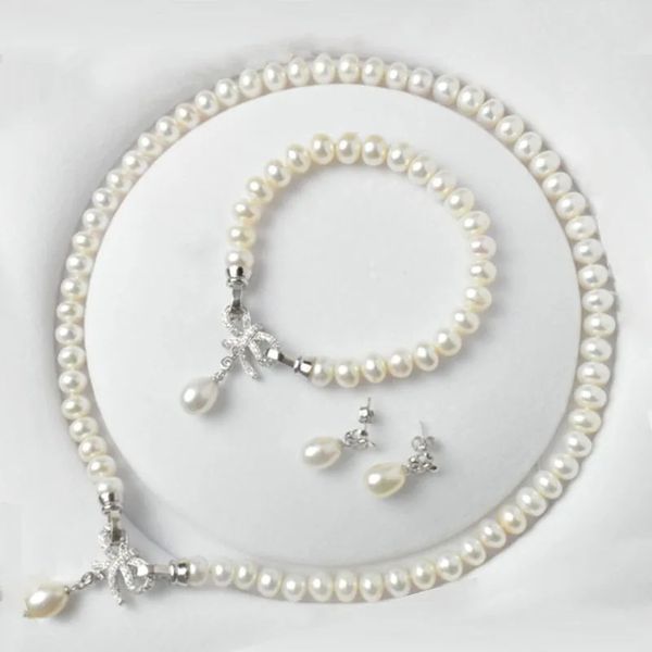 Conjuntos de joyas de perlas clásicas, joyería de perlas naturales genuinas de agua dulce, pendientes de plata de ley 925, collar de pulsera para mujer 240103