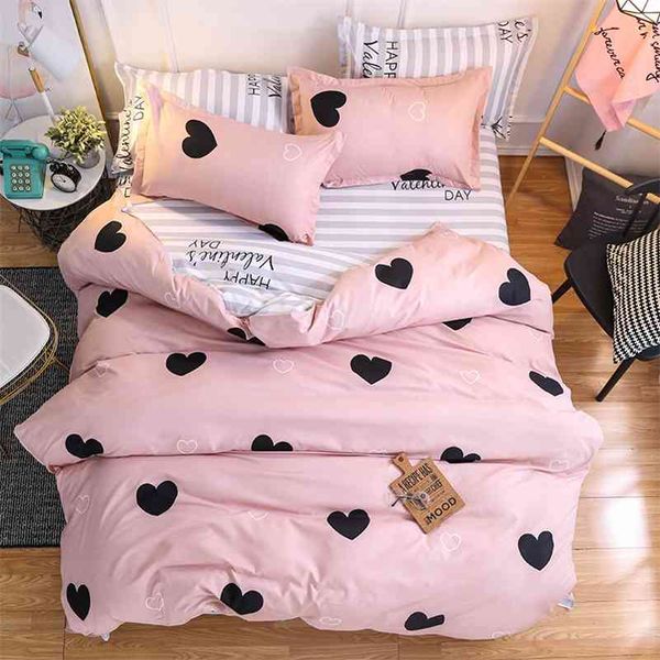 Juego de ropa de cama para el hogar estilo amor rosa clásico, funda de edredón, funda de almohada, sábana plana, tamaño queen king, individual 210706