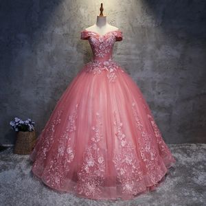 Klassieke roze quinceanera jurken off schouder baljurken appliques kant prom feest avondkleding zoete 16 jurk vestidos 15 jaar