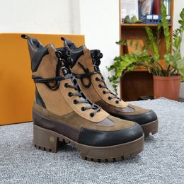 Klassiek platform Desert Boots Women Tread Rubber Sole Boot Fashion Motorfiets Bootjes Zwart Beige Suede Leather Travel Casual met wrap rond lederen veters