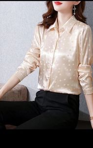 Klassiek Polo kraag met lange mouwen shirt glanzende afdrukpatroon Letter Silk Fabric Dameshirt Regelmatig chiffon