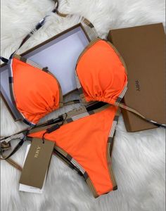 Maillot de bain imprimé classique à carreaux pour femmes, marque de styliste, vacances, plage, ensemble bikini sexy rétro orange, 2 pièces