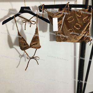 Klassiek bedrukt zwempak sexy bikini v nek bh bra bandage -briefs korte rok driedelige set voor zomer strandfeestje badkleding