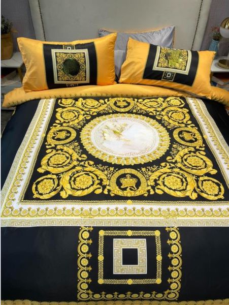 Parure de lit dorée avec housse de couette et taie d'oreiller, impression classique, luxe, avec Logo, couleurs assorties, à la mode, 4 pièces