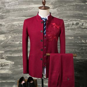 Klassieke rode mannen pak jas met vest en broek mode chinese retro stijl mannen bruidegom bruidegom pak maat 4XL stand kraag past man x0909