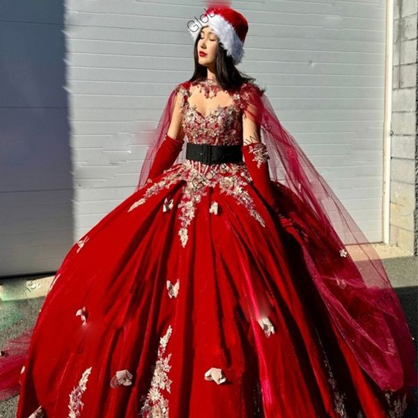 Robe De Quinceanera rouge classique, bretelles Spaghetti, avec des Appliques De fleurs, robe De soirée avec Cape, pour anniversaire Junior, 15 ans