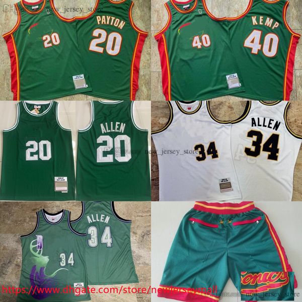 Classique Rétro Authentique Broderie 1995-96 Basketball 20 GaryPayton Jersey Vintage Vert 40 ShawnKemp Real Cousu Respirant Sport 2005-06 34 RayAllen Maillots
