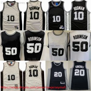 Classique Rétro Baskeball 10 DennisRodman Jersey Cousu Vintage 50 DavidRobinson 20 ManuGinobili Maillots Noir Blanc Chemises De Sport Respirantes