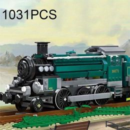 Blocs d'assemblage de Train de Transport ferroviaire de ville, modèle classique rétro à vapeur verte, jouet cadeaux de noël