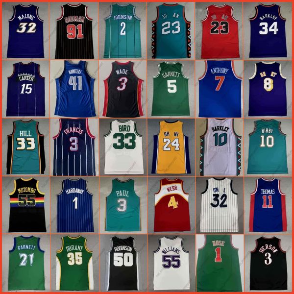 Jersey de baloncesto vintage de costura retro clásica Iverson Nash Anthony Ewing Carter McGrady Hardaway Malone Mutombo Bibby Payton Barkley Bryant Williams James