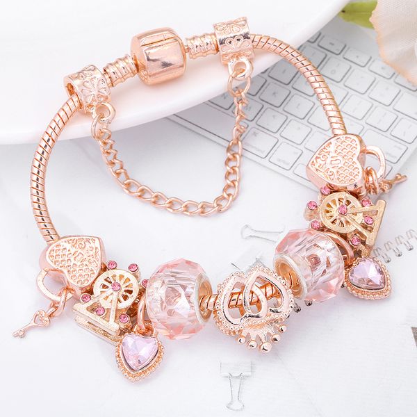 Bracelet classique en or rose, marque de styliste, bricolage, cristal, grande roue, perles, style de mode, pendentif en forme de cœur, cadeau, vente en gros de bijoux