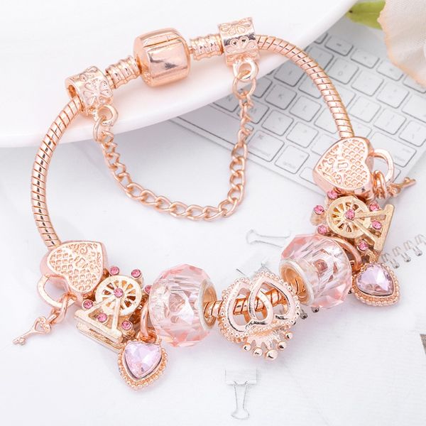 Bracelets classiques en or rose, marque de styliste, bricolage, cristal, grande roue, perles, style à la mode, pendentif en forme de cœur, cadeau, vente en gros de bijoux