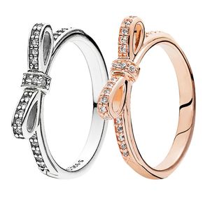 Classique Or Rose Étincelant Arc Anneau Authentique 925 Argent Femmes Bijoux De Fête De Mariage Pour Pandora CZ Diamant Bagues Ensemble Avec Boîte D'origine