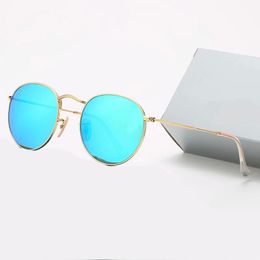 2021 Classic Design Marque Lunettes de soleil rondes UV400 Lunettes en métal Cadre en or Lunettes Hommes Femmes Miroir Verre Lentille Sunglass avec boîte 9 couleurs