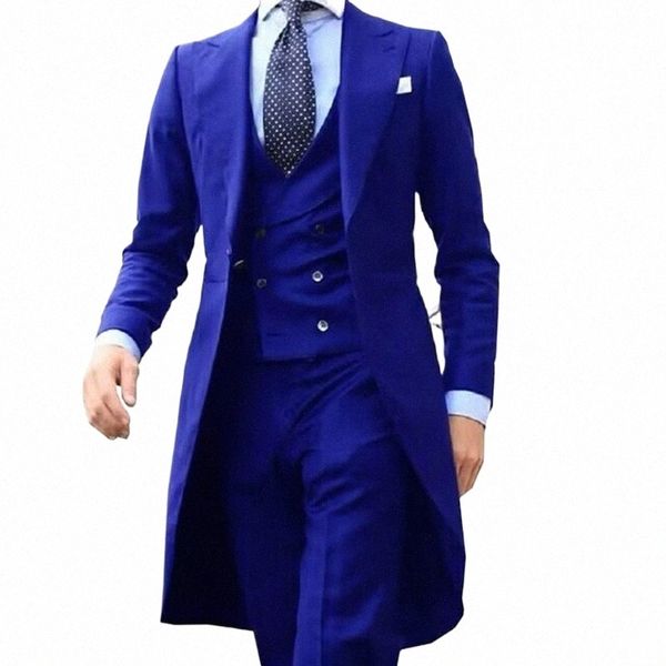 Classique Royal Blue Lg Manteau Marié Tuxedos Conception Formelle Tailcoat Hommes Party Groomsmen Costumes Pour Veste De Mariage + Pantalon + Gilet R5ew #