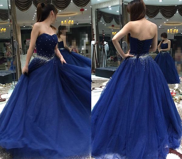 Belle robe de bal bleu royal robes de bal Puffy perlé organza long cristal doux 16 vacances robes d'été tenues de soirée à lacets dos 2018