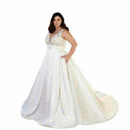 Classique Satin A-ligne Mariage Dres Plus Taille Col En V Manches Robes De Mariée Femmes 2023 Empire Balayage Train Robe De Noiva k0JD #