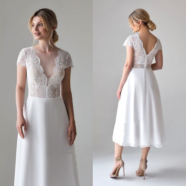 Vestido de novia clásico corto de una línea, Top de encaje, ilusión con cuello en V, sin espalda, vestidos de recepción blancos simples, vestidos de novia de gasa bohemios, Vestidos de verano vintage 2022