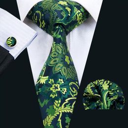 Classique Soie Hommes Cravates Vert Cravate Ensembles Floral Hommes Cravate Cravate Hanky Boutons De Manchette Ensemble Jacquard Tissé Réunion D'affaires De Mariage Partie Gi228W