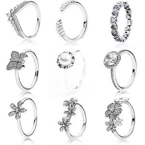 Klassieke Zilveren Kleur Ringen met Bloem Parel Vlinder Rijst Oor Kristal Bruiloft Ring voor Vrouwen Sieraden Q0603320i