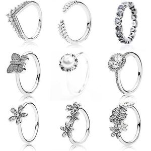 Bagues classiques de couleur argent pour femmes, avec fleur, perle, papillon, oreille de riz, cristal, bague de fête de mariage, bijoux Q0603273x