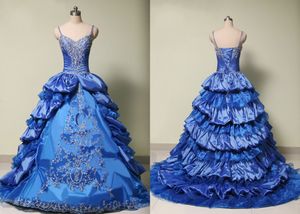 Vestido de fiesta clásico con bordado de astilla Vestido de quinceañera Volantes de tafetán Lentejuelas con cuentas con correas Vestidos largos con cordones en la espalda Vestidos de noche de fiesta baratos