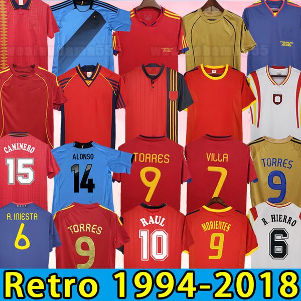 Classic España Jerseys de fútbol retro Fábregas Xavi Luis Ensrique Alonso Iniesta Pique Torres Camiseta de Futbol Football Shirts 98 99 1994 1996 2002 2008 2010 2012 18 18