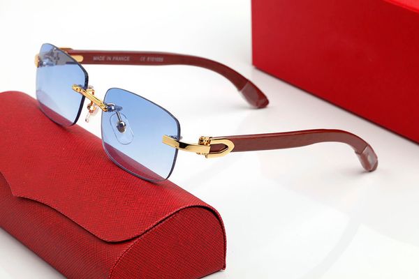 Gafas de sol Carti Cuadradas en forma de C Gafas de sol decorativas Hombres Mujeres Marca Marcos ópticos Gafas de diseñador Melocotón Metal Marrón Azul Amarillo Lentes Patas de madera Sin marco